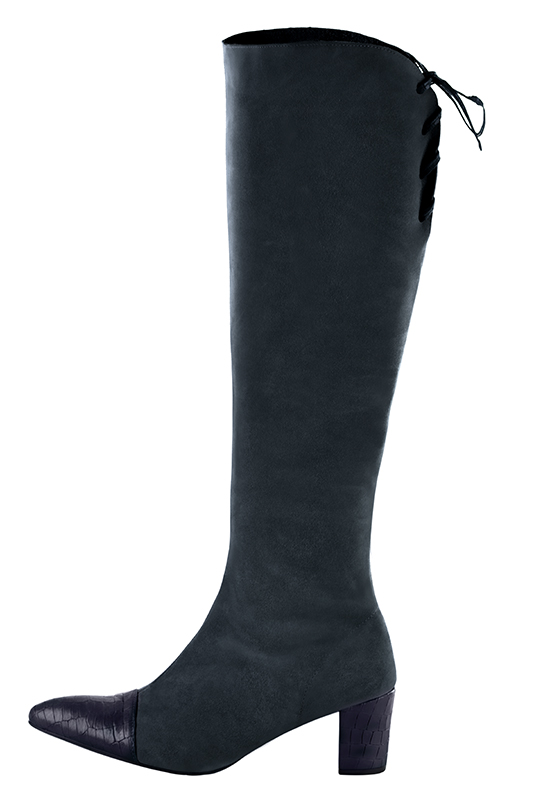 Navy blue women's knee-high boots, with laces at the back. Tapered toe. Medium block heels. Made to measure. Profile view - Florence KOOIJMAN